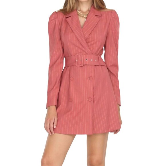 Adelyn Rae Kayla Pinstripe Belted Blazer Dress Size Medium Desert Rose Pink - Picture 10 of 10